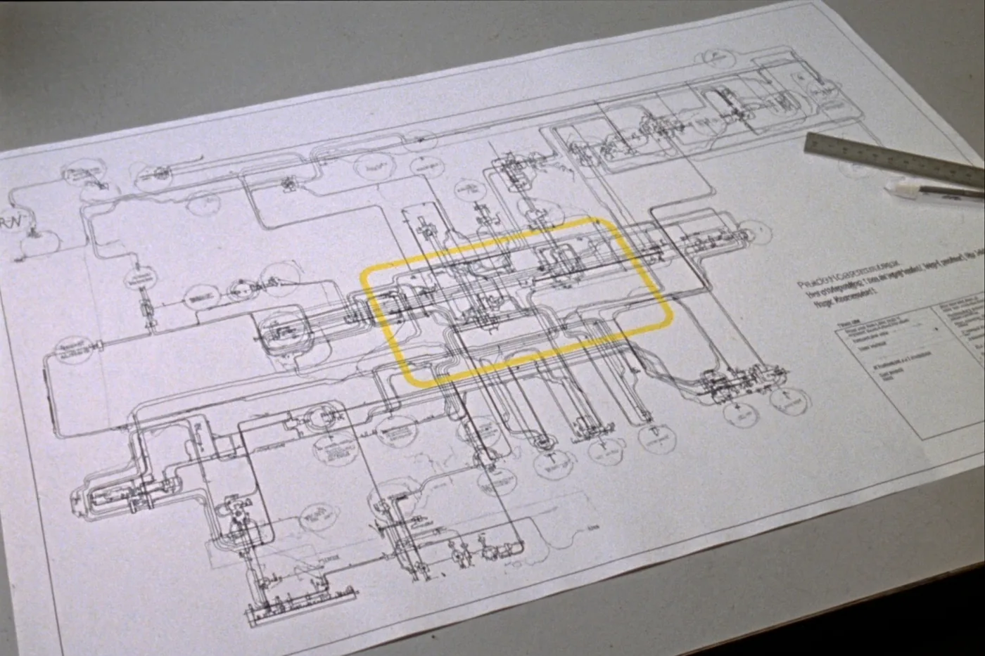 A piping and instrumentation diagram laid out on a drawing table in daylight, one loop marked with a highlighter, a steel rule and a pencil resting on the sheet.